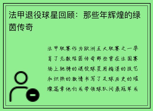 法甲退役球星回顾：那些年辉煌的绿茵传奇