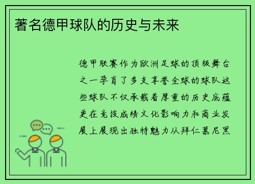 著名德甲球队的历史与未来